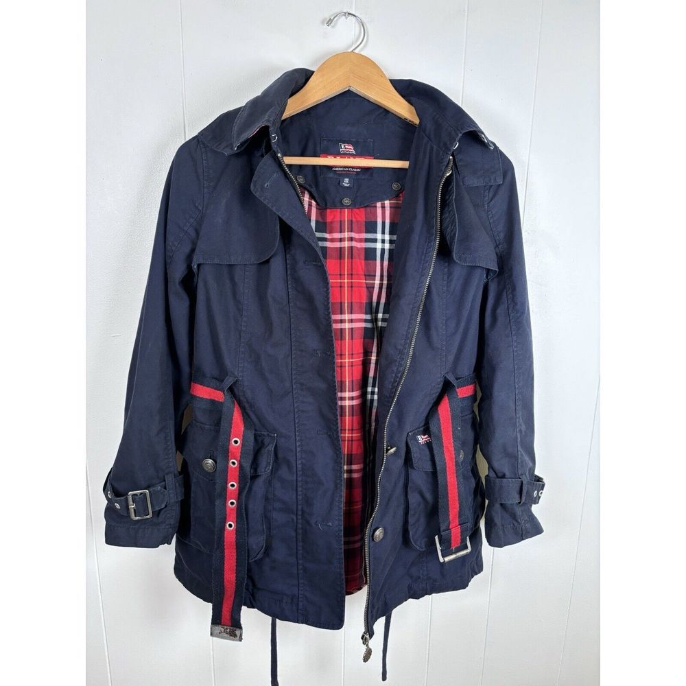 E. LAND American Classic Plaid Lined Navy Blue Belted Jacket Size S 160 / 84A